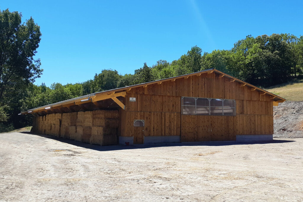 Bâtiment agricole en bois polyvalent pour l'accueil d'agneaux et de vaches et le stockage